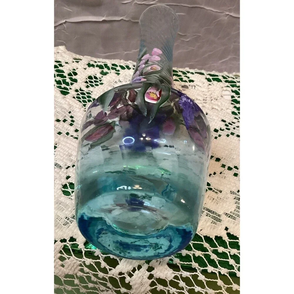 Blue Hand Painted Bud Vase Beautiful Pink & Purple Flowers Mother's Day Gift